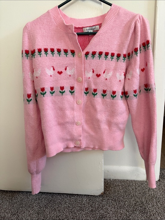 Francesca's Collections Sweaters - Francesca's Collections Pink Tulip & Chicken Knit Button-Front Cardigan